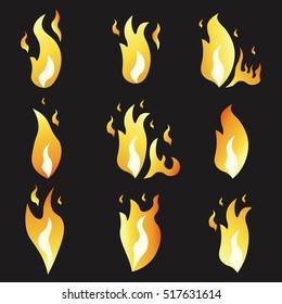 Set of animation fire and illustration of various fire. Cartoon and flat style. Explosion animation frames. Vector illustration. Black background.