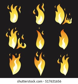 Set of animation fire and illustration of various fire. Cartoon and flat style. Explosion animation frames. Vector illustration. Black background.