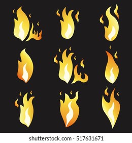 Set of animation fire and illustration of various fire. Cartoon and flat style. Explosion animation frames. Vector illustration. Black background.