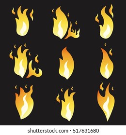 Set of animation fire and illustration of various fire. Cartoon and flat style. Explosion animation frames. Vector illustration. Black background.
