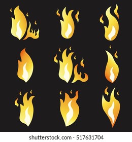 Set of animation fire and illustration of various fire. Cartoon and flat style. Explosion animation frames. Vector illustration. Black background.