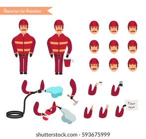 Set for animation of firefighter in uniform, protective suit with axe, fire hose, cartoon vector illustration isolated on white background.  Parts of body template for animation. Emoji face icons