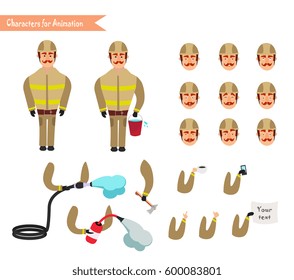 Set for animation of firefighter in uniform, protective suit with axe, fire hose, cartoon vector illustration isolated on white background. Young firefighter, fireman set. 