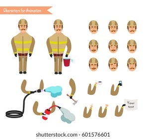 Set for animation of firefighter in uniform. protective suit with axe, fire hose. cartoon vector illustration isolated on white background. Young firefighter, fireman set. 