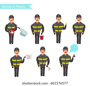 Set for animation of firefighters in uniform. protective suit with axe, fire hose. cartoon vector illustration isolated on white background. Young fireman set.