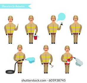 Set for animation of firefighters in uniform, protective suit with axe, fire hose, cartoon vector illustration isolated on white background. Young firefighter, fireman set.
