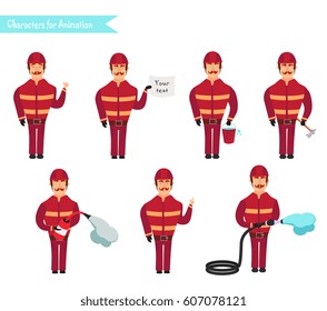Set for animation of firefighters in uniform, protective suit with axe, fire hose, cartoon vector illustration isolated on white background. Young firefighter, fireman set.