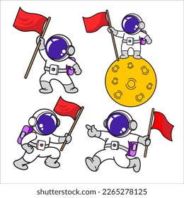 Astronaut cartoon set, animation , flat design, flag, Vector illustration.