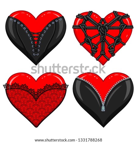 Set of animation hearts in erotic clothes and accessories. Latex, shibari, lace, corset. Template for erotic content. Vector illustration isolated on a white background. Print, poster, t-shirt, card. 