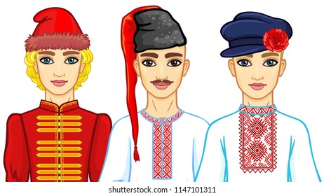 Set of animation portraits of Slavic men in traditional clothes. Belarus, Ukraine, Russia. Fairy tale character. Vector illustration isolated on a white background. 