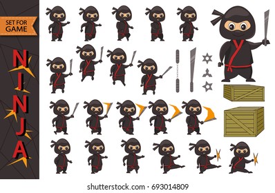 Set for animations with cartoon Ninja. Can be used for animations, game sprites, made games, presentation martial arts, sticker and print design, promotional card. Vector illustration.