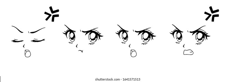 Set of anime angry faces. Hand drawn vector cartoon illustration. Isolated on white background.