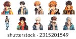 Set of Anime boy portrait art. collection of anime boy digital art. vector illustration. white background 