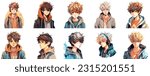 Set of Anime boy portrait art. collection of anime boy digital art. vector illustration. white background 