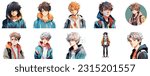 Set of Anime boy portrait art. collection of anime boy digital art. vector illustration. white background 