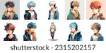 Set of Anime boy portrait art. collection of anime boy digital art. vector illustration. white background 