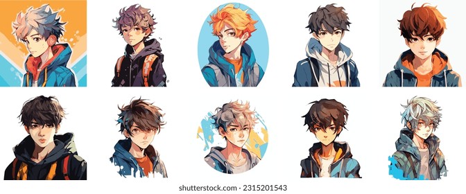 Set of Anime boy portrait art. collection of anime boy digital art. vector illustration. white background 