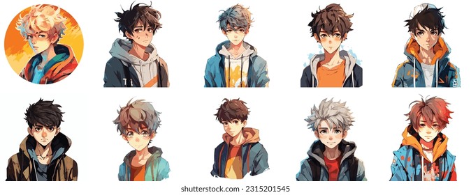 Set of Anime boy portrait art. collection of anime boy digital art. vector illustration. white background 