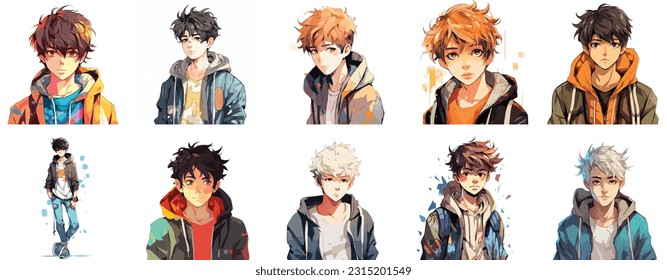 Set of Anime boy portrait art. collection of anime boy digital art. vector illustration. white background 