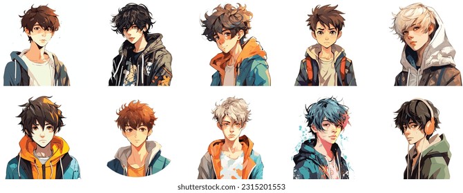 Set of Anime boy portrait art. collection of anime boy digital art. vector illustration. white background 