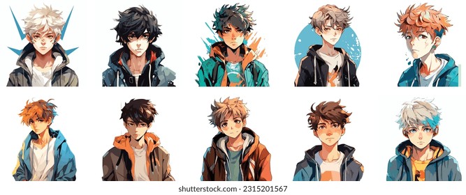 Set of Anime boy portrait art. collection of anime boy digital art. vector illustration. white background 