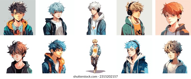 Set of Anime boy portrait art. collection of anime boy digital art. vector illustration. white background 