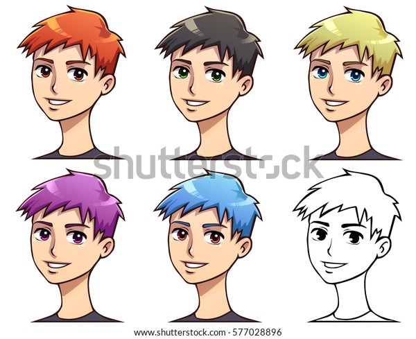Set Anime Boys Head Short Colored People Stock Image