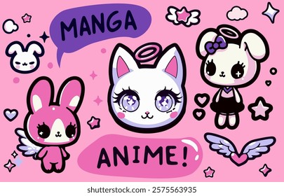 Set of anime cartoon stickers with funny cute comic characters and animals on a pink background. Contemporary illustration with designs for tattoos and patches.