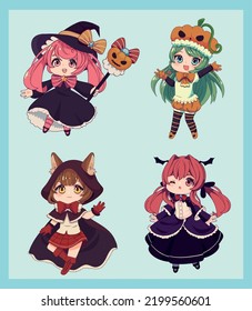 set anime chibi characters with halloween costume