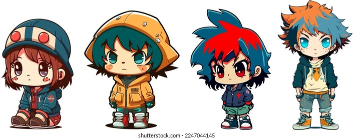 set of anime children's style character vector illustration design.