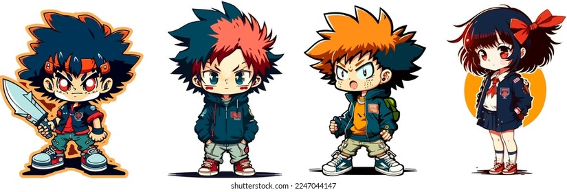 set of anime children's style character vector illustration design.