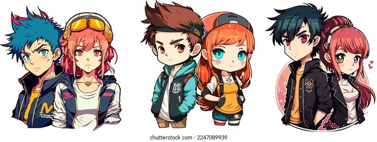  set of anime couple vector illustration design.