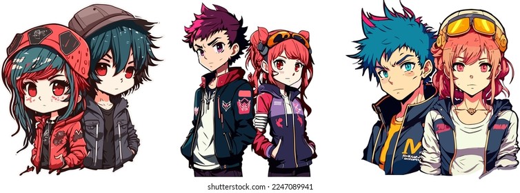  set of anime couple vector illustration design.