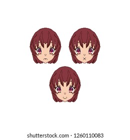 Set anime cute anime smiles. Manga Chibi. Faces for chat. 8 bit game.
