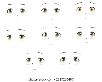 Set of anime different eyes, mouth, cartoon, japanese anime style expressions. yellow eye brows Pink lips, hand drawn vector illustration isolated on white background.