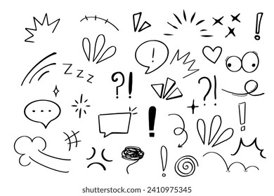 Set anime emotion effect attention elements, expressions speech bubble in comic doodle style isolated on white background