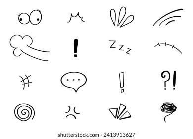 Set anime emotion effect attention elements, expressions speech bubble in comic doodle style isolated on white background