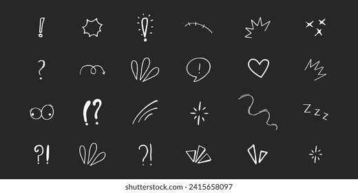 Establecer elementos de atención de efecto de emoción animada, expresiones de burbuja de habla blanca en estilo de doodle cómico aislado en fondo oscuro