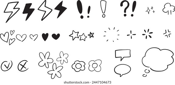 Set anime emotion effect attention elements, expressions speech bubble in comic doodle style isolated on white background