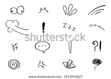 Set anime emotion effect attention elements, expressions speech bubble in comic doodle style isolated on white background