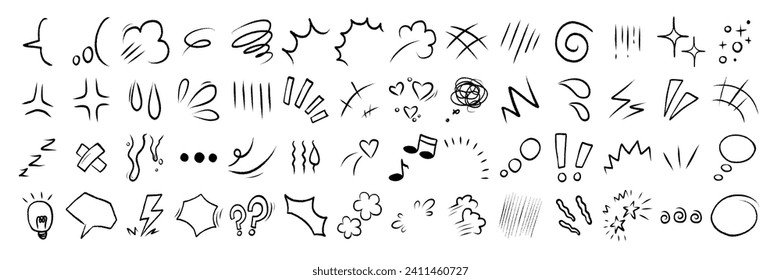 Set of anime emotion effect. Hand drawn texture and fur lines. Line movement vector element.