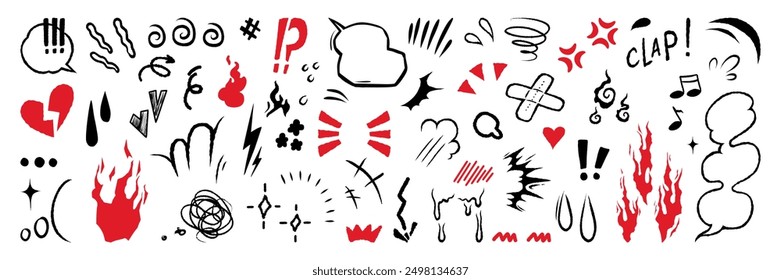 Set of anime emotion effect. Hand drawn texture and fur lines. Line movement vector element.