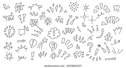 Set anime emotion effect. hand-drawn cute cartoony expression sign doodle line stroke.