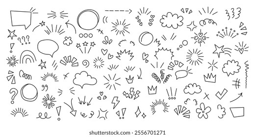 Set anime emotion effect. hand-drawn cute cartoony expression sign doodle line stroke.