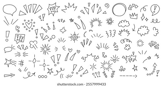 Set anime emotion effect. hand-drawn cute cartoony expression sign doodle line stroke.