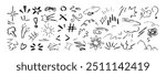 Set of anime emotion effect. Line movement elements. Hand drawing cute chalk doodle emphasis, expression signs, action lines, exclamation marks. Manga cartoon boom, bang, hit, shock and bomb explosion