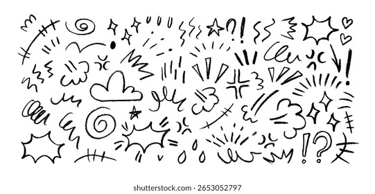 Satz von Animeemotionseffekten und Bewegungssymbolen. Kreide gezeichnete doodle emotion Linien, dekorative Betonungselemente. Handgezeichnete Vektorfarbengrafik. Ausdruckszeichen und Symbole von Doodle.