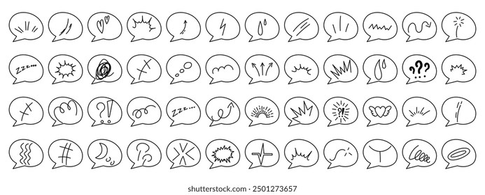 Set of anime emotion effects with speech bubbles. Manga collection of arrows, sparkles, expression signs. Vector illustration.