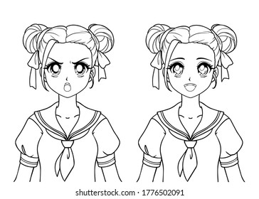 Conjunto de expresiones anime. Muchacha linda con ojos grandes y uniforme escolar japonés. Ilustración del vector de contorno dibujado a mano aislada en blanco. 