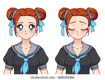 Set of anime expressions. Cute girl with buns hairstyle wearing japanese school uniform. Hand drawn vector illustration isolated on white.
